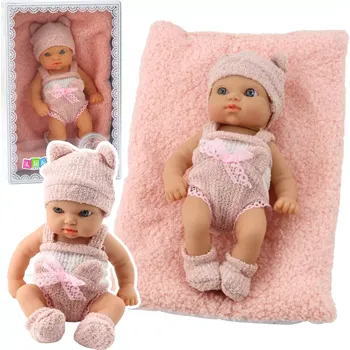 Panenka Látková panenka miminko s kouskem dečky, růžovo‑bílé oblečení, čepička, 18 cm