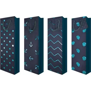 Dárková taška taška na láhev, VÍNO 36x12x9cm, modrá ražba, celorok