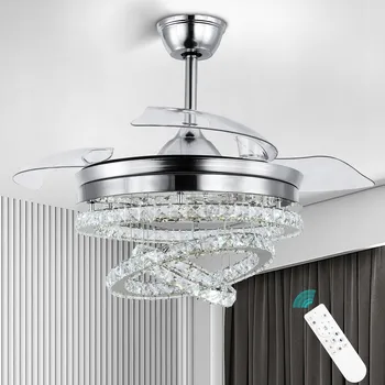 Křišťálový lustr s ventilátorem a 3 LED diodami, chromovaný, s Dálkový Ovladač