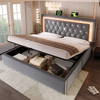 Postel Jednolůžková postel Čalouněná postel USB-C LED Hydraulická šedá 140x200cm