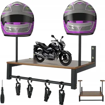Věšák DRŽÁK / VĚŠÁK NA MOTOCYKLOVÁ PŘILBA DŘEVO + KOV 20KG 4 HÁKY NA RUKAVICE MONTÁŽ
