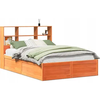 Postel Dřevěná borovicová postel s čelem a poličkami, voskovaný hnědý odstín, 219,5x126,5x11 cm