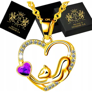 Náhrdelník Zlatý náhrdelník Kočka Srdce Přívěsek Řetízek Stříbro 925 Dárek pro ženy