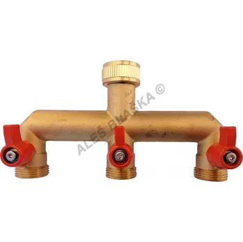 Instalatérský materiál Mosazný třícestný rozdělovač s kulovými ventily, připojení 3/4" , (rozbočení, rozdvojka) - 3/4" 3134