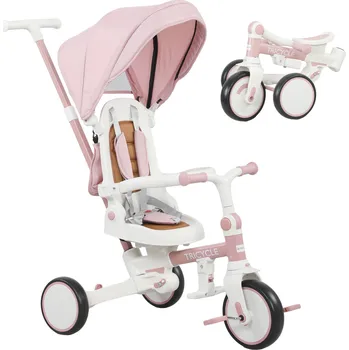 Dětská tříkolka AIYAPLAY kočárek, dětská tříkolka, variabilní kočárek na batolata, provedení 5v1, odnímatelný vodicí rukojeť, nastavitelný, bezpečnostní pás, úložná taška, 1-3 let, růžová