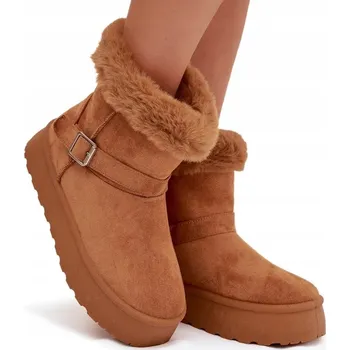 Dámská zimní obuv Dámské sněhule na platformě s kožíškem a přezkou, eko semiš, camel, velikost 36