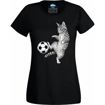 Dámské tričko Dámské tričko Mourovatá Kočka Fotbalistka (Velikost: 3XL, Barva: Černá)