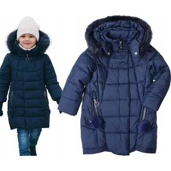 Dámský kabát Zimní bunda s kožešinou, tmavě modrý kabátek velmi teplá, bambule 116