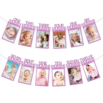 PRVNÍ ROK GIRLANDA BANNER NA 12 FOTEK RÁMEČKY