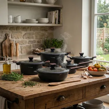 Sada nádobí Sada 4 hliníkových hrnců s poklicemi a nepřilnavou pánví STARKE PRO REDWOOD 10 ks.