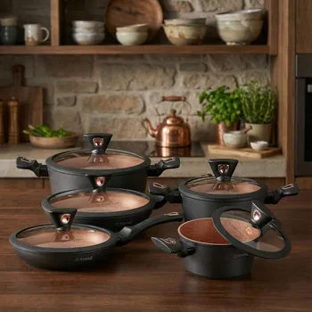Sada nádobí Sada 3 mramorových hrnců s poklicemi a 2 nepřilnavých pánví STARKE PRO DARK COPPER