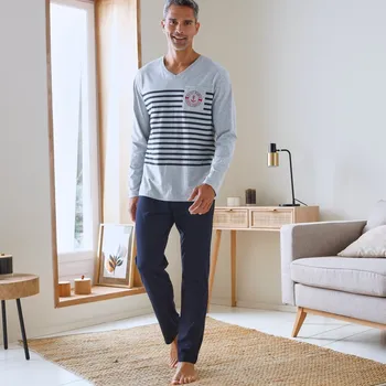 Pánská móda Pyžamo s kalhotami, výstřihem do V a potiskem pruhů šedý melír/nám.modrá 77/86