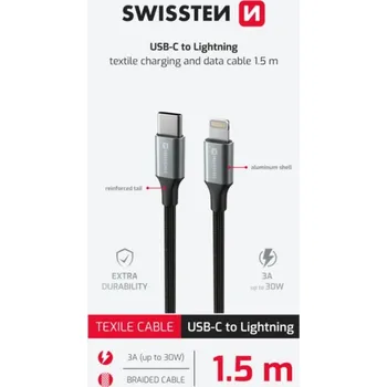 Počítač SWISSTEN DATOVÝ KABEL TEXTILE II USB-C / LIGHTNING 1,5 M ČERNÝ