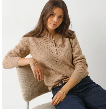 Dámský svetr Ažurový pulovr s tuniským výstřihem přírodní 52