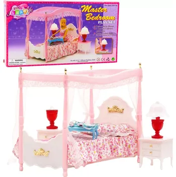 Sada nábytku pro panenky – postel s baldachýnem, noční stolky a lampičky