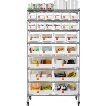 Dílenský regál Vevor Pojízdný regál 8 pater s 26 boxy, drátěné ocelové police, kolečka