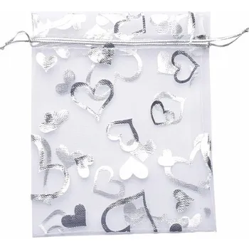 Dárková taška Dárkový sáček organza 10 x 12 cm stříbrný se srdíčky 10 x 12 cm