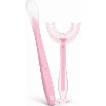 dětská jídelní sada BocioLand Silikonová lžička + kartáček ve tvaru U - růžová