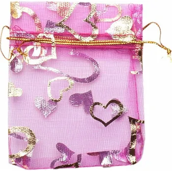 Dárková taška Dárkový sáček organza 7 x 9 cm tmavě růžový se srdíčky 7 x 9 cm