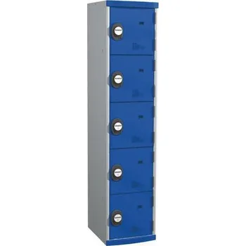 Svařovaná šatní skříň Acial, 1 sloupec, 5 boxů, 400 mm, kódový zámek, šedá/modrá