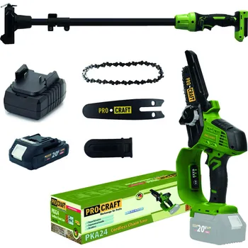 Motorová pila Aku řetězová pila PKA24 a prodlužovací nástavec, sada s baterií 20V 2Ah a nabíječkou, Procraft