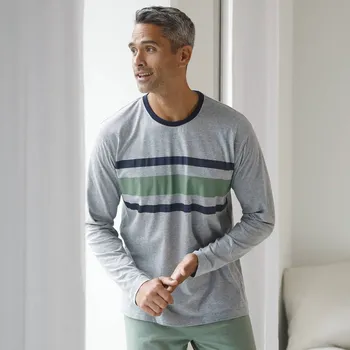 Pánská móda Pyžamové tričko s pruhy a dlouhými rukávy šedý melír 107/116 (XL)