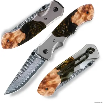 kapesní nůž Damaškový zavírací nůž Dellinger Hunter Resin Wood – japonská ocel VG-10