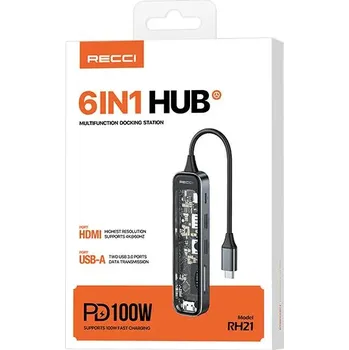 USB hub Recci RH21 USB-C hub - 6v1 (USB, HDMI, čtečky karet) Šedá