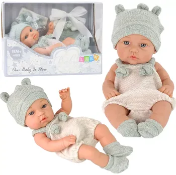 Panenka Látková panenka miminko 18 cm v šedém oblečku se čepičkou a slintáčkem