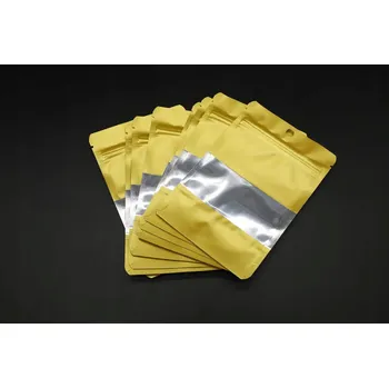 Doypack sáčky se zipem a okénkem. 10 x 12 + 3 cm, Zlatá Barva, 10 Ks