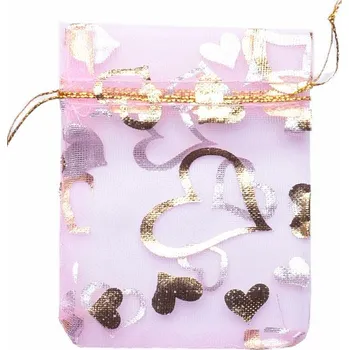Dárková taška Dárkový sáček organza 7 x 9 cm růžový se srdíčky 7 x 9 cm