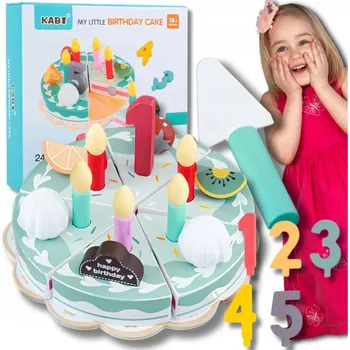 Dřevěná hračka DŘEVĚNÝ DORT K ROZKROJENÍ SADA PRO DĚTI S PŘÍSLUŠENSTVÍM