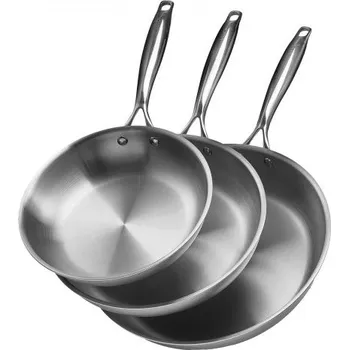 Pánev Pánev VEVOR z nerezové oceli s třívrstvou úpravou, 3dílná (240, 280, 320 mm), kuchyňská pánev s tepelně odolnou rukojetí, kuchyňské nádobí pro šéfkuchaře, trouba, plyn, elektrická, indukční, vhodné do myčky, stříbrná