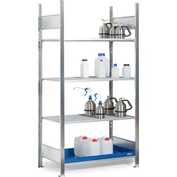 Dílenský regál Regál na malé nádoby, základní pole, 3 mřížové rošty, lakovaná záchytná vana, 1060 x 637 x 2000 mm