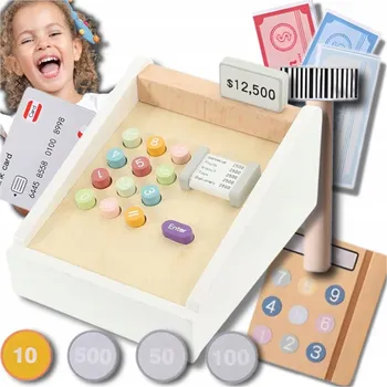 Hra na obchod Dřevěná Pokladna pro Děti do Obchodu s Penězi, Kartou a Čtečkou