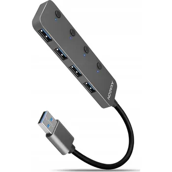USB hub USB 3.2 Gen 1 hub s kovovým přepínačem AXAGON a vypínači