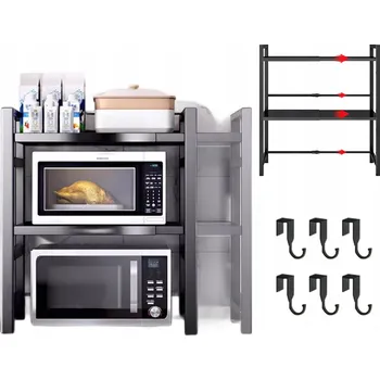 police DVOUÚROVŇOVÁ ROZŠÍŘITELNÁ POLICE NA MIKROVLNNKU SE 6 HÁČKY ČERNÁ OCEL