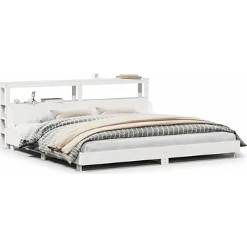 Postel Rám postele s opěrkou hlavy a policemi, bílý, 222,5 x 186 x 82 cm