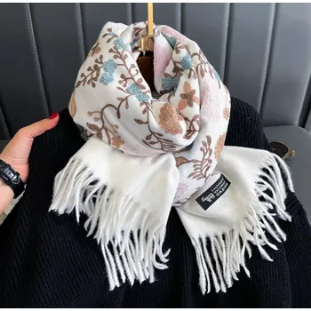 Šála B-TOP Dámská zimní šála s květinovým vzorem a třásněmi bílá