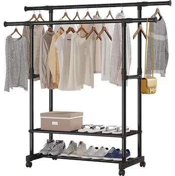 Věšák DVOJITÝ VĚŠÁK NA OBLEČENÍ S POLICÍ NA BOTY, STOJACÍ, NA KOLEČKÁCH, ŠATNÍ STOJAN