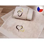 Luxusní osuška s výšivkou béžová 450g Srdce hnědá/zlatá