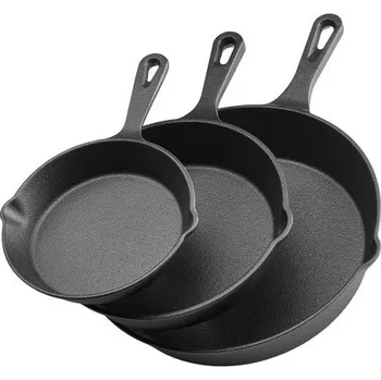 Pánev VEVOR Litinová pánev, sada 3 pánví (160, 220, 265 mm), odolné pánve s tepelně odolnou rukojetí, předem ochucená šéfkuchařská pánev, kuchyňské nádobí, pro troubu, plynovou, elektrickou, indukci, černá