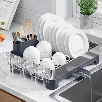 Odkapávač na nádobí Kuchyňský stojan / odkapávač z nerezové oceli s držákem na příbory Kitsure