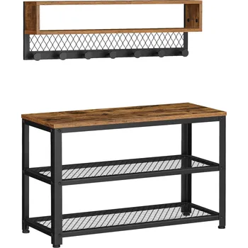 Předsíňová stěna Předsíňová stěna s lavicí a věšákem Vasagle Dender hnědá/černá