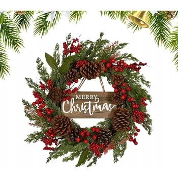 Věnec VĚNEC NA DVEŘE 50 CM S DŘEVĚNOU PLAKETOU - VÁNOČNÍ DEKORACE