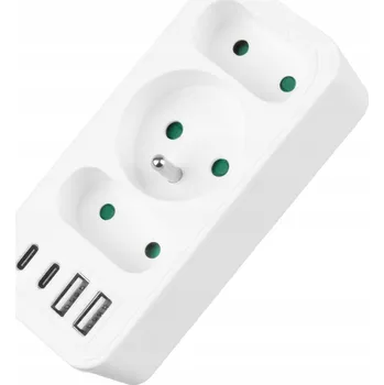 Elektrická zásuvka Rozbočovač do zásuvky na 3 zásuvky, 2x USB-A, 2x USB-C, bílý