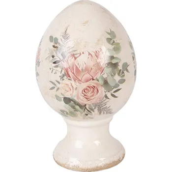 Béžové antik keramické vajíčko s květy Protea Eucalypt M - Ø 12*19 cm