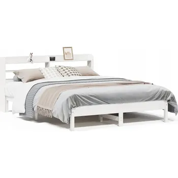 Postel Rám postele s opěrkou hlavy a policemi, bílý, 218 x 170 x 82 cm