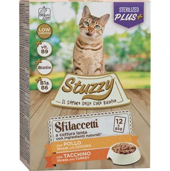 Krmivo pro kočku Stuzzy Cat Shreds Multipack Sterilized trhané kuracie a morčacie mäso 12x85g
