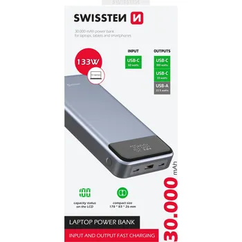 Powerbanka SWISSTEN POWERBANKA 30000 mAh PD QC 133W pro notebook telefonu 2x USB-C USB-A